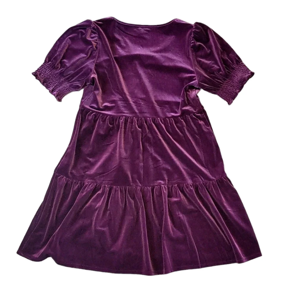Draper James Lee Ann Dress in Velvet Crimson Purple Puff Sleeve Tiered Medium - Picture 7 of 8